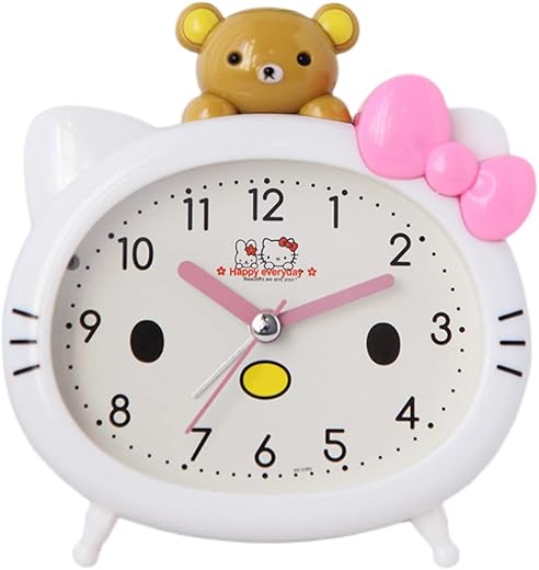 ASTERO Cat Appearance Kawaii Alarm Clock，Cartoon Cat Clock, Bedside Sweeping, Silent, Student, Boy, Girl, Beep, Beep, Clocks for Kids (White)