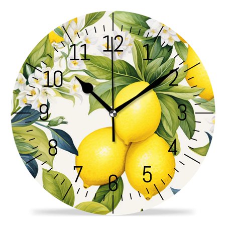 ATEDEANEI 12 Wall Clock Battery Operated Silent Non Ticking Lemon Fruit Flower Leaf Yellow Limon Beautiful Art