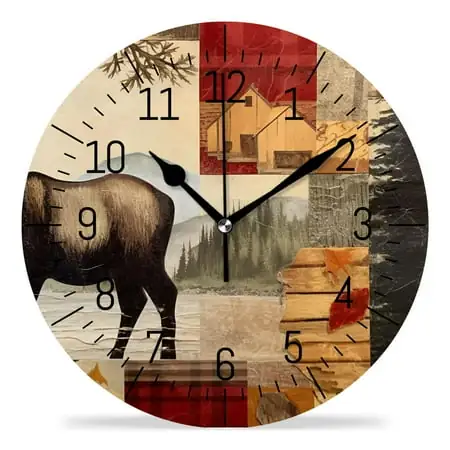 ATEDEANEI 12 Wall Clock Battery Operated Silent Non Ticking Rustic Lodge Bear Moose Deer Beautiful Drawing