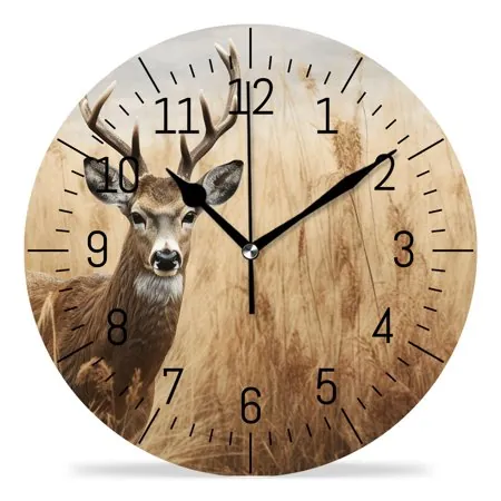 ATEDEANEI 12 Wall Clock Battery Operated Silent Non Ticking Whitetail Deer Fawn In Wilderness Countryside Cute