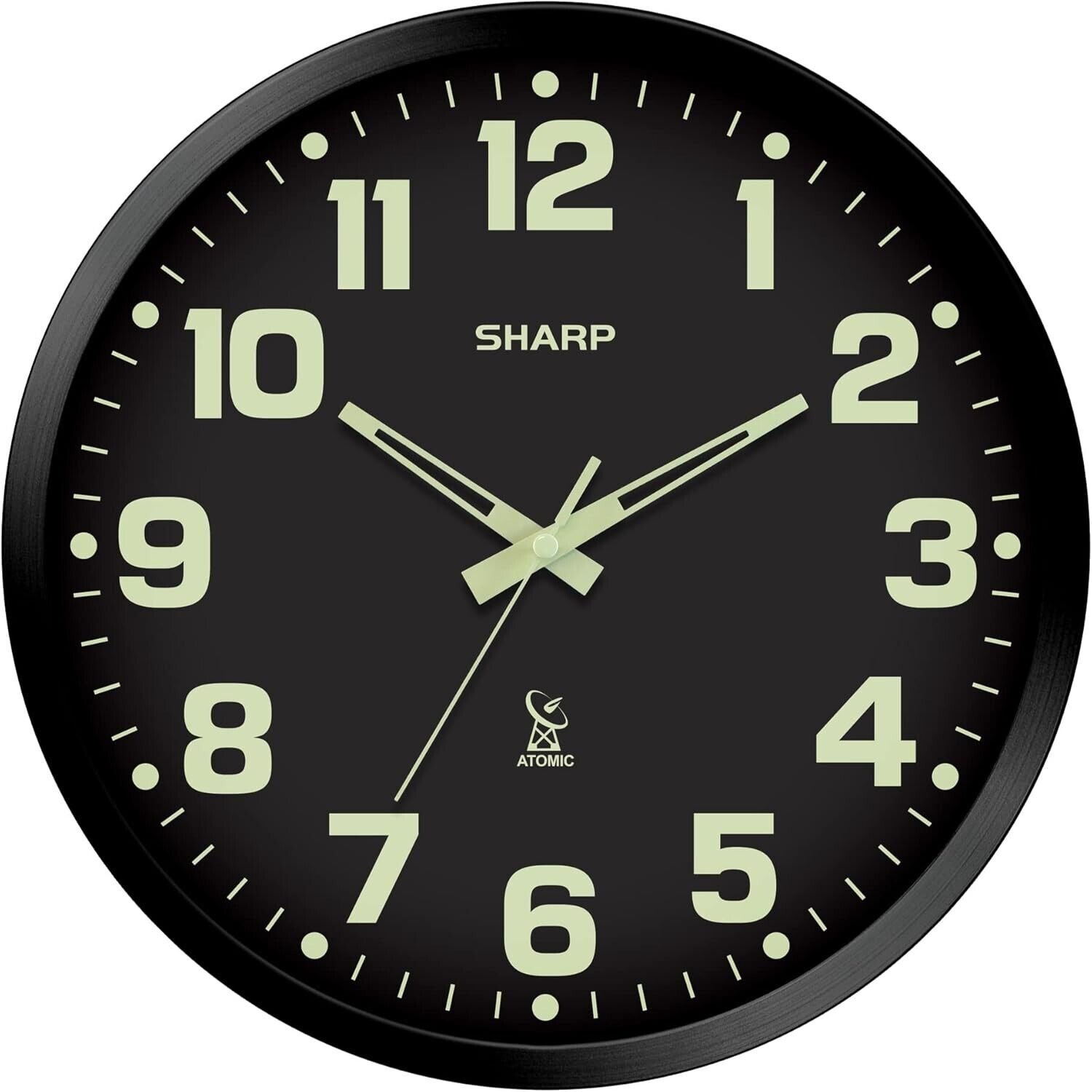 Atomic Analog Wall Clock Glow In Dark 12" With Black Frame NEW