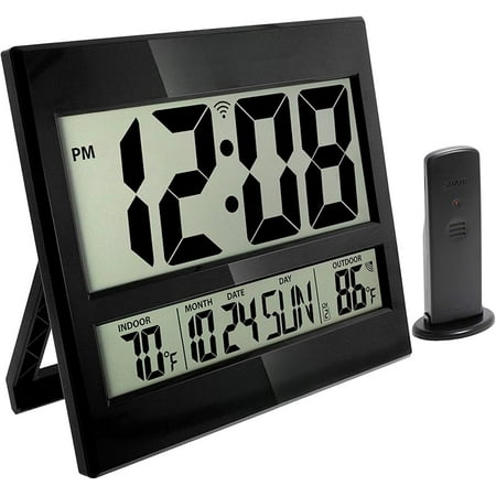 Atomic Clock - Never Needs Setting! - Jumbo 3 Easy to Read Numbers - Indoor/Outdoor Temperature Display with Wireless Outdoor Sensor - Gloss Black