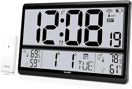 Atomic Clock DOVEET-Digital Wall Clock Never Needs Setting/ Easy to Read/Easy Set Up/Indoor Outdoor Temperature-Wireless Outdoor Sensor Battery Powered(4.5