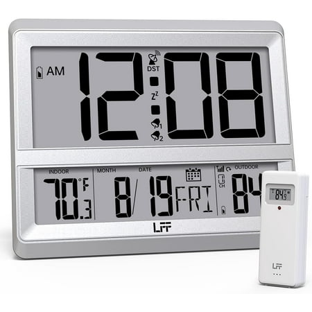 Atomic Clock Large Display, Digital Wall Clock with Indoor Outdoor Temperature and Date, Wireless Outdoor Sensor, Digital Desk Alarm Clock for Bedroom, Easy to Read, Sliver