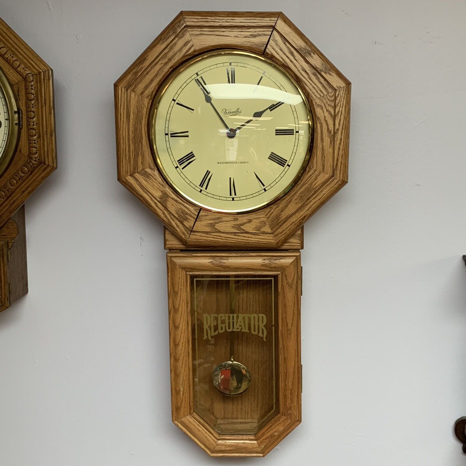 ATQ Versailles French Hand Carved Oak Wood 30" Regulator Wall Drop Octagon Clock