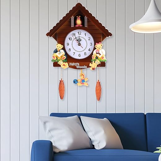 AUNMAS Wooden Wall Clock, Handicraft Vintage Cuckoo Tree House Clock Decor with Cute Toys for Bedroom Kids Living Room School Office Decoration