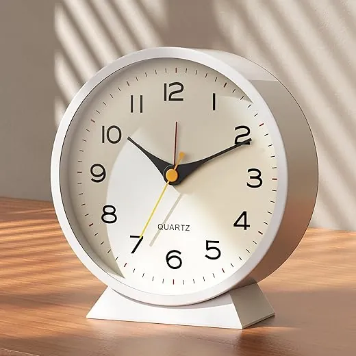 AYRELY® 4.5 Analog Alarm Clock,Small Retro Desk Clock Battery Operated,Slient Metal Table Clock with Light for Living Room Decor,Bedroom,Bedside,Shelf (White)