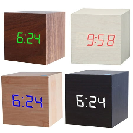 BAETEUY Wooden Square Digital LED USB Desk Alarm Clock Table Voice Control Decoration