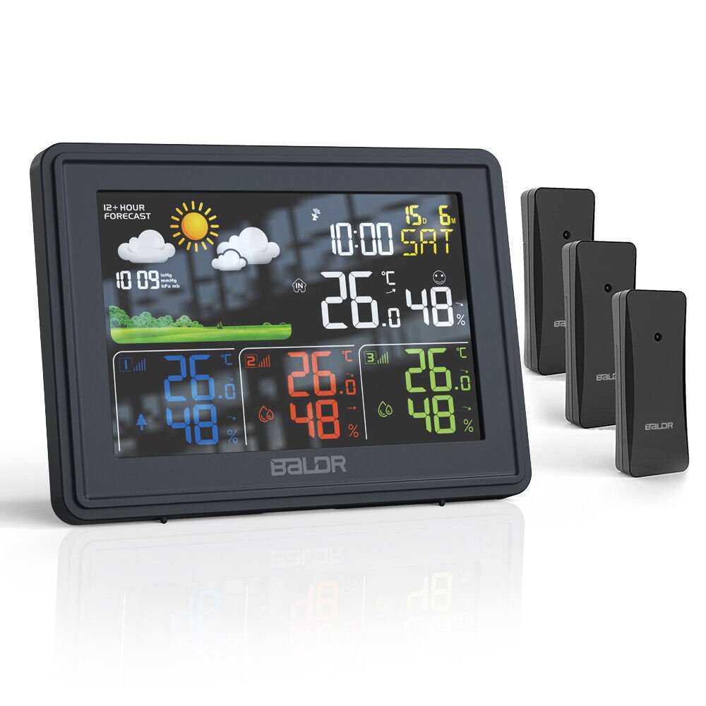 BALDR Digital LCD Weather Station Indoor Outdoor 3 Thermo Hygrometer Sensors