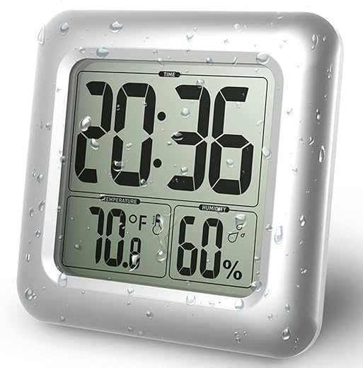 BALDR Digital Shower Clock, Splash-Proof Digital Clock for The Bathroom, Large LCD Display, Monitors Temperature in C/F and Humidity