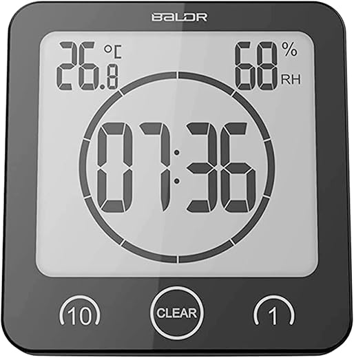 BALDR Digital Shower Clock with Timer - Black - Water-Resistant Shower Timer, Countdown Timer Clock with Temperature and Humidity, Digital Clock for Shower, Bathroom Clock, Alarm Clock Battery Powered