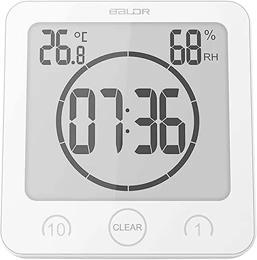 BALDR Digital Shower Clock with Timer - White - Water-Resistant Shower Timer, Countdown Timer Clock with Temperature and Humidity, Digital Clock for Shower, Bathroom Clock, Alarm Clock Battery Powered