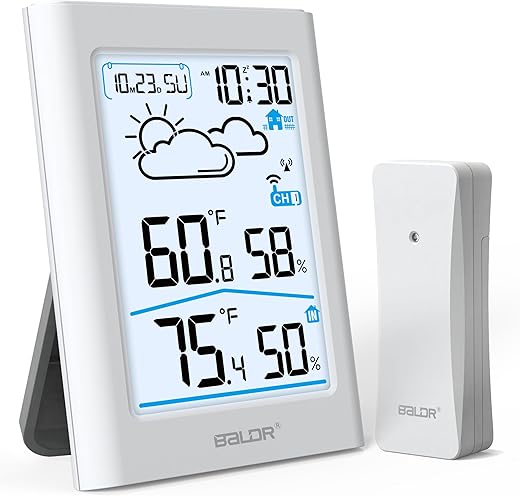 BALDR Indoor Outdoor Thermometer Wireless with Atomic Clock, Battery Powered Weather Station Indoor Outdoor with WWVB, Portable Outside Temperature Monitor for Home, Patio