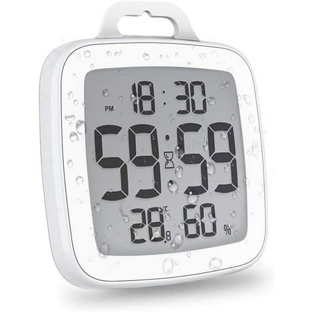 BALDR Waterproof Shower Clock with Timer for Bathrooms - Displays Time, Temperature & Humidity (White)