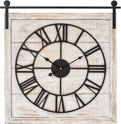 Barn Door Clock – Charming Wash White Wood Color Wall Clock – Rustic Large Farmhouse Clock Perfect for Home Decoration, Wall Decoration, and Farmhouse Décor Wooden Wall Clock 23.6 * 1.6 * 24 in