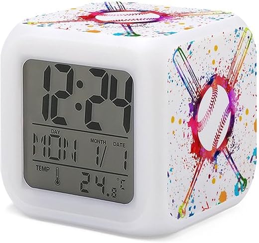 Baseball Alarm Clock for Kids 7 LED Color Changing Wake Up Clock Home Decor Alarm Clock for Boy Girl Bedroom Digital Alarm Clock with Temperature Display