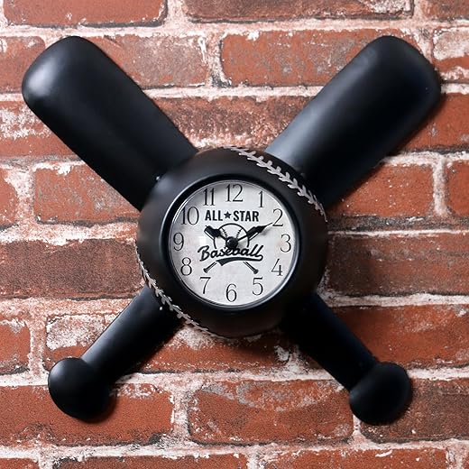 Baseball Wall Clock Baseball Gifts for Boys Metal BatFor Boys Room Bedroom Decor Cool Sports Stuff Black 14×12.7 Inches