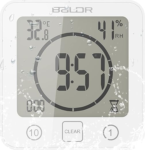 Bathroom Clock Waterproof, Digital Shower Clock with Alarm-Bathroom Humidity Temperature Meter, Digital Shower Wall Clock with Timer Touch Screen Suction Cup Hole for Bathroom Kitchen (White)