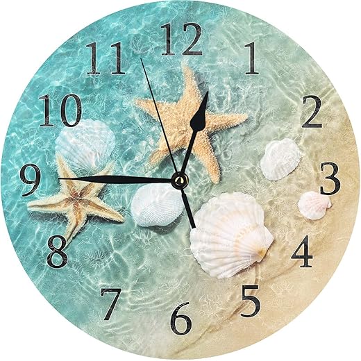 Bathroom Wall Clock, Small Silent Battery Operated Teal Decor for Living Room,Kitchen,Bedroom,10 Inch,Beach Starfish