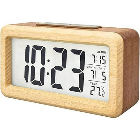 Battery Operated Wooden LCD Digital Alarm Clock with Smart Sensor Night Light, Snooze for Bedrooms