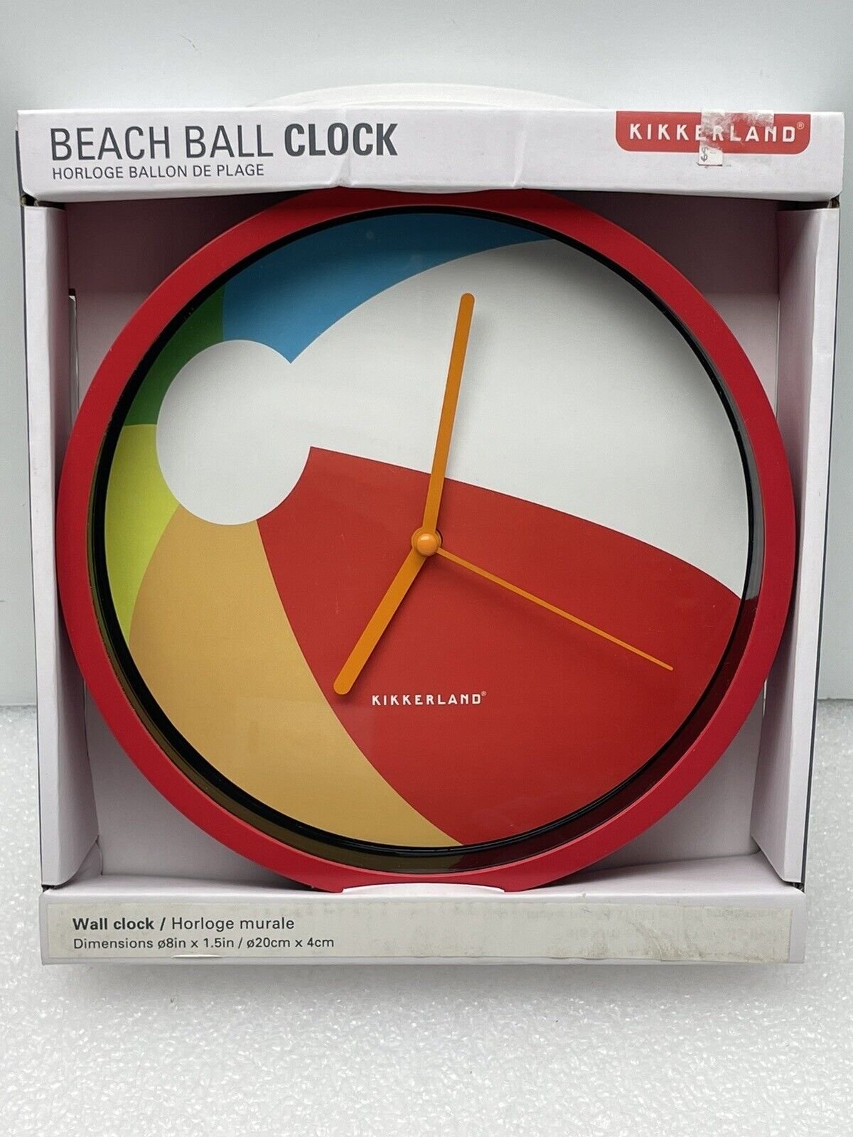 BEACH BALL WALL CLOCK BY KIKKERLAND 8" USED TESTED WORKING CLEAN