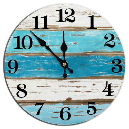 Beach Themed Blue Wall Clocks Battery Operated Silent Non-Ticking Vintage Round Rustic Coastal Nautical Clock Decorative for Home Kitchen Living Room Office Bathroom Bedroom(12 In)