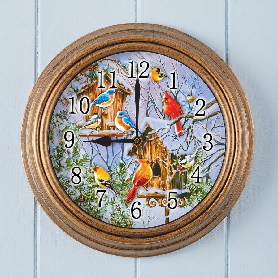 Beautiful Winter Songbirds Scene Wall Clock Analog Decorative Home Decor 12"