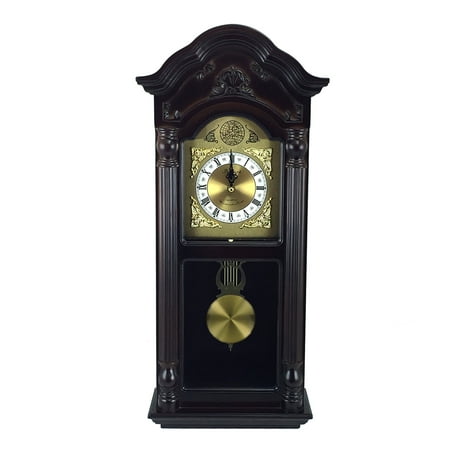 Bedford Clock Collection 25.5 Antique Mahogany Cherry Oak Chiming Wall Clock with Roman Numerals