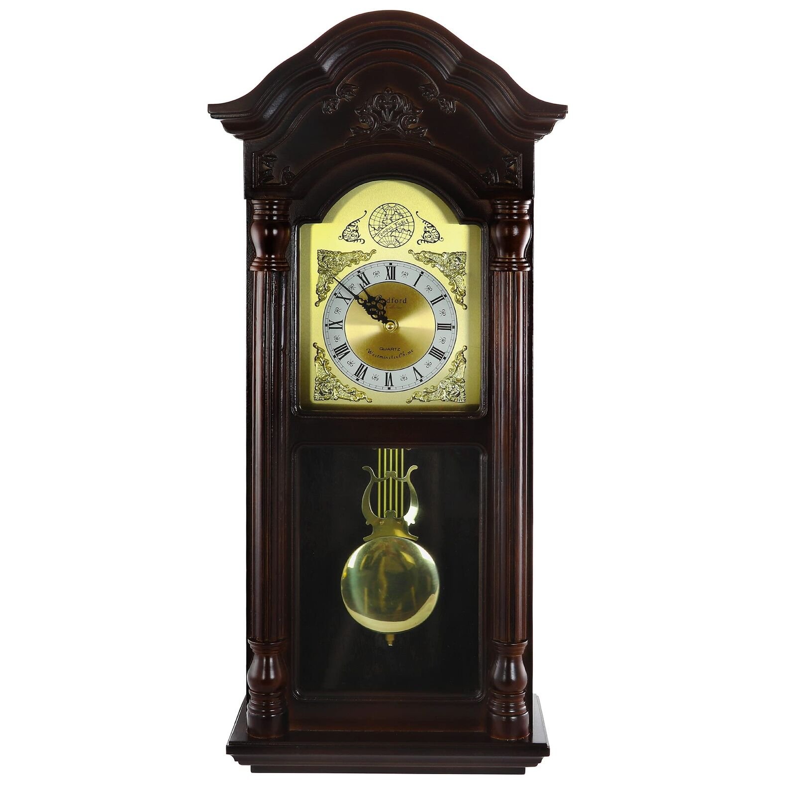 Bedford Clock Collection 25.5 Inch Antique Mahogany Cherry Oak Chiming Wall C...