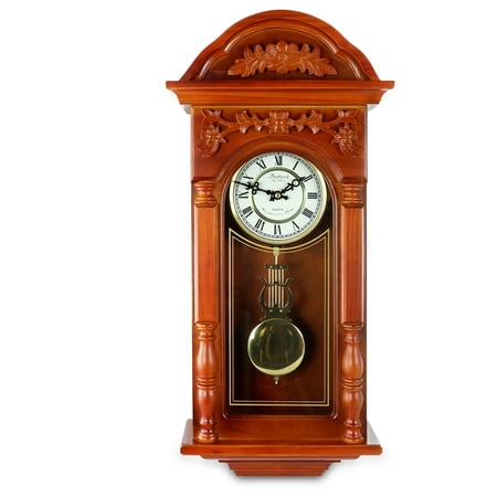 Bedford Clock Collection 27.5 Antique Chiming Wall Clock with Roman Numerals in a Padauk Oak Finish