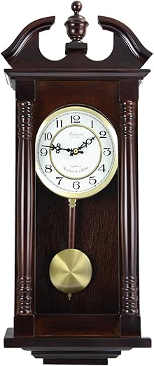 Bedford Clock Collection Classic Chiming Wall Clock with Swinging Pendulum in Cherry Oak Finish, 4.75