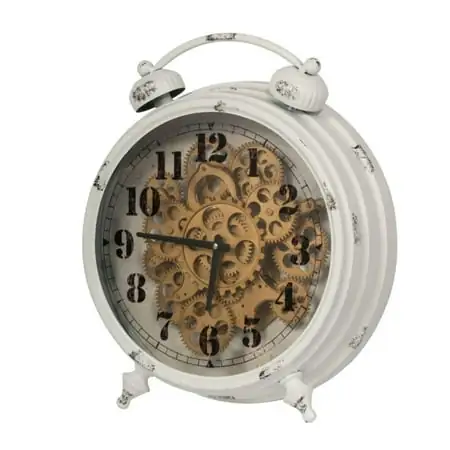 Benjara Classic Metal Table Clock with Gears Front and Distressed Details, White and Gold