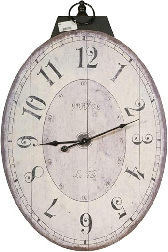 Benjara Distressed Oval Shape Wooden Wall Clock with Ring Hanger, White and Black