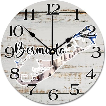 Bermuda Landmark Clock Bermuda Map Tourist Attraction 10 Inch Round Wall Clocks Battery Operated Silent Non-Ticking Travel Hanging Clock For Bedroom Living Room Farmhouse Wall Decor