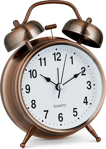 Bernhard Products Analog Alarm Clock Twin Bell Retro Copper Metal 4" Extra Loud Quartz Battery Operated with Backlight for Bedside Table Vintage Silent Non-Ticking Old fashioned Decorative Desk Clocks