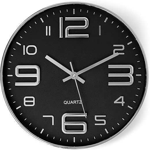 Bernhard Products Black Wall Clock 12 Inch Stylish Modern Silver Silent Non-Ticking Quartz Battery Operated Round 3D Decorative Design for Home/Office/Kitchen/Bedroom/Living Room, Easy to Read