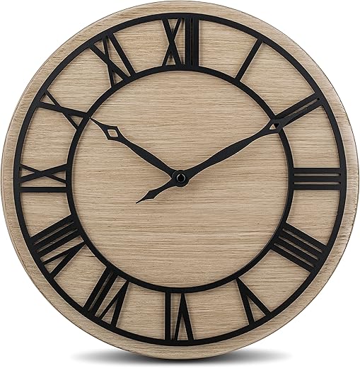 Bernhard Products Decorative Wall Clock 12 Inch Noiseless Farmhouse Rustic Metal Iron Frame