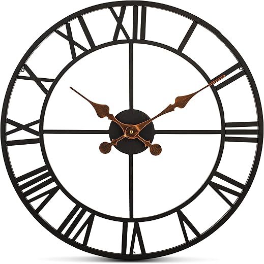 Bernhard Products Extra Large Wall Clock 20 Inch Wrought Iron Black Metal, Quartz Battery Operated Rustic Design Roman Numeral European Farmhouse Distressed for Living Room, Kitchen, Bedroom, Office