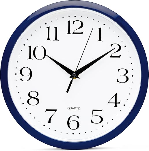 Bernhard Products Navy Wall Clock Silent Non Ticking - 10 Inch Quality Quartz Battery Operated Round Easy to Read Home/Kitchen/Office/Classroom/School Clock