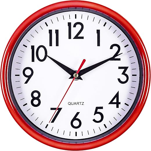 Bernhard Products Red Wall Clock 8 Retro Kitchen Silent Non-Ticking Quality Quartz Battery Operated Round Clock for Office Classroom Bedroom Bathroom Easy to Read