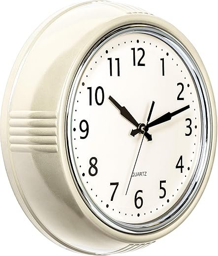 Bernhard Products Retro Wall Clock 9.5 Inch Cream Kitchen 50's Vintage Design Round Silent Non Ticking Quality Quartz Clock for Home/Office/Classroom