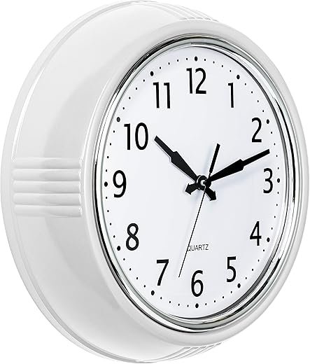 Bernhard Products Retro Wall Clock 9.5 Inch White Kitchen 50's Vintage Design Round Silent Non-Ticking Quality Quartz Clock for Home Office Nursery Bathroom Classroom Easy to Read (White)