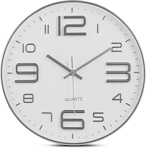 Bernhard Products Silver Wall Clock 12 Inch Silent Non-Ticking Quality Quartz Battery Operated Round White Decorative Modern Design for Home/Office/Kitchen/Bedroom/Living Room (Silver & White)