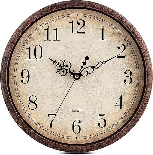 Bernhard Products Vintage Brown Wall Clock Silent Non Ticking 12 Inch Quality Quartz Battery Operated Round Decorative Easy to Read for Home Kitchen Living/Dining Room Bedroom Office Classroom School