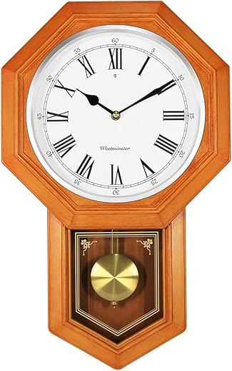 BESTIME 66236A Plastic Pendulum Clock Wood Grain Color.Sturdy Frame.Westminster Chime Every Hour,Elegant,Traditional Schoolhouse,Home,Office,Living Room,Bedroom.