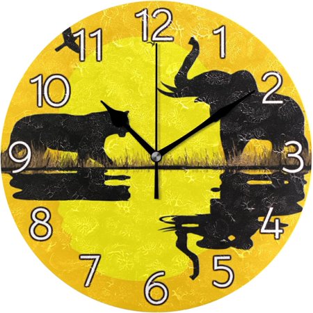 BESTKITTY Africa Animals Elephant Wall Clock Round Silent Non-Ticking [Battery Operated] Easy to Read Clocks for Home Kitchen Office Classroom Living Room Bedroom