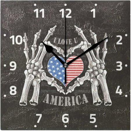 BESTKITTY America Skull Bones Skeleton Wall Clock Square Silent Non-Ticking [Battery Operated] Easy to Read Clocks for Home Kitchen Office Classroom Living Room Bedroom