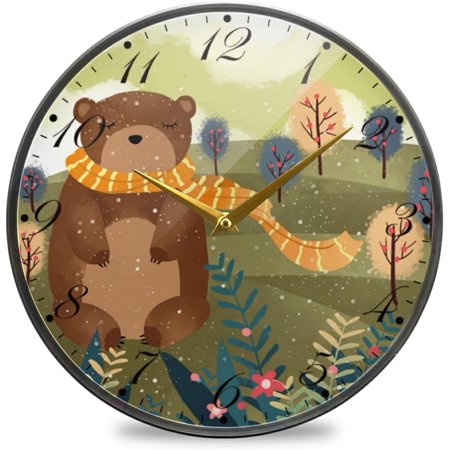 BESTKITTY Bear Forest 1 Wall Clock Silent Non-Ticking Battery Operated Acrylic Painted Arabic Numerals Clocks 9.5 Inch for Home Kitchen Livingroom Office Classroom