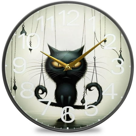 BESTKITTY Black Cat Wall Clock 10 Inch Silent Non Ticking Round Clock, Easy to Read Clock for Living Room Bedroom Bathroom Home Decor