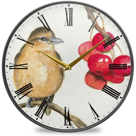 BESTKITTY Brown Bird Red Berries Wall Clock Silent Non-Ticking Battery Operated Acrylic Painted Vintage Roman Numerals Clocks 11.9 Inch for Home Kitchen Livingroom Office Classroom